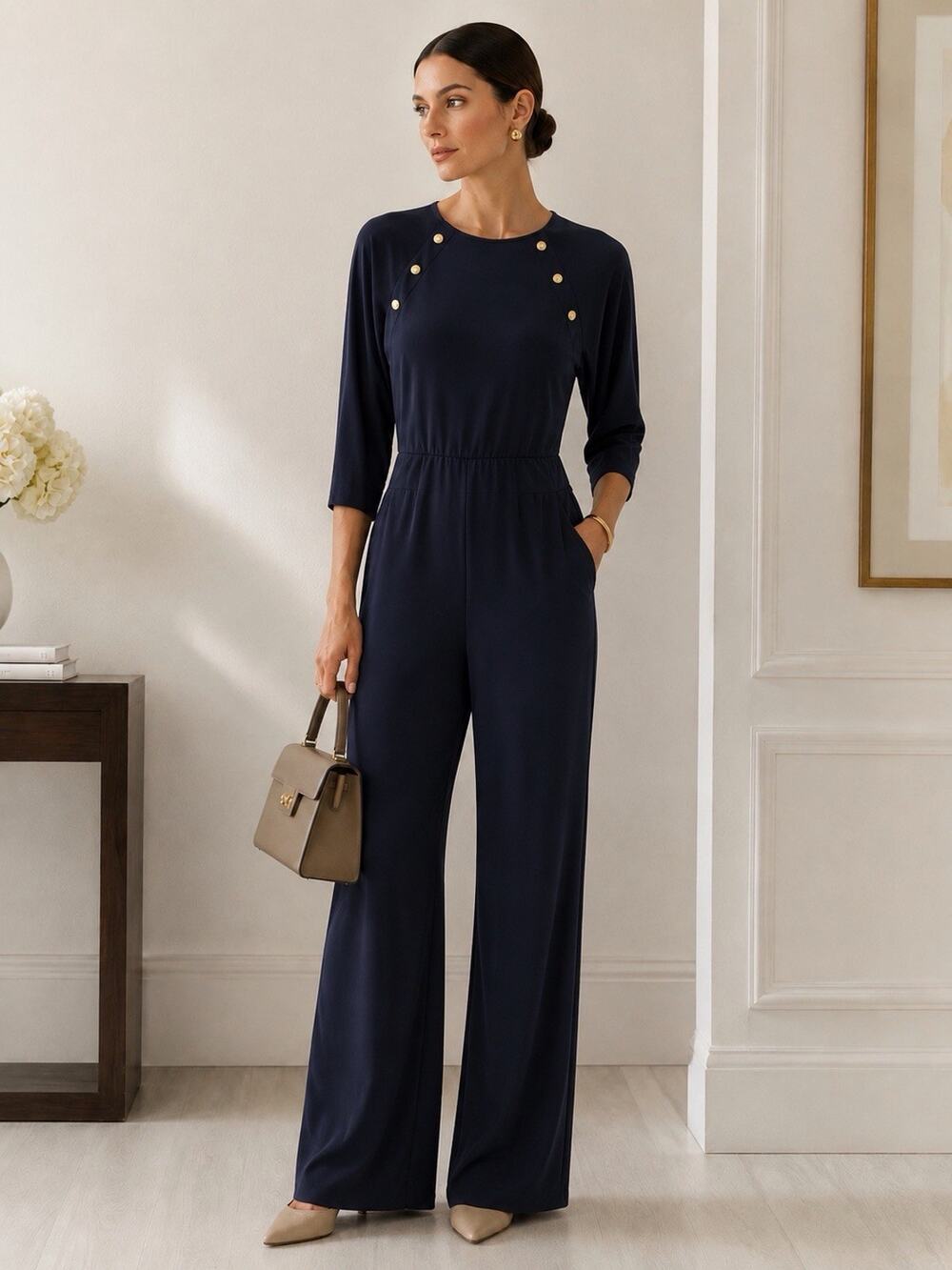 Lauren Ralph Lauren Jumpsuit 1X Navy Blue Gold Button Wide Leg Stretch Plus